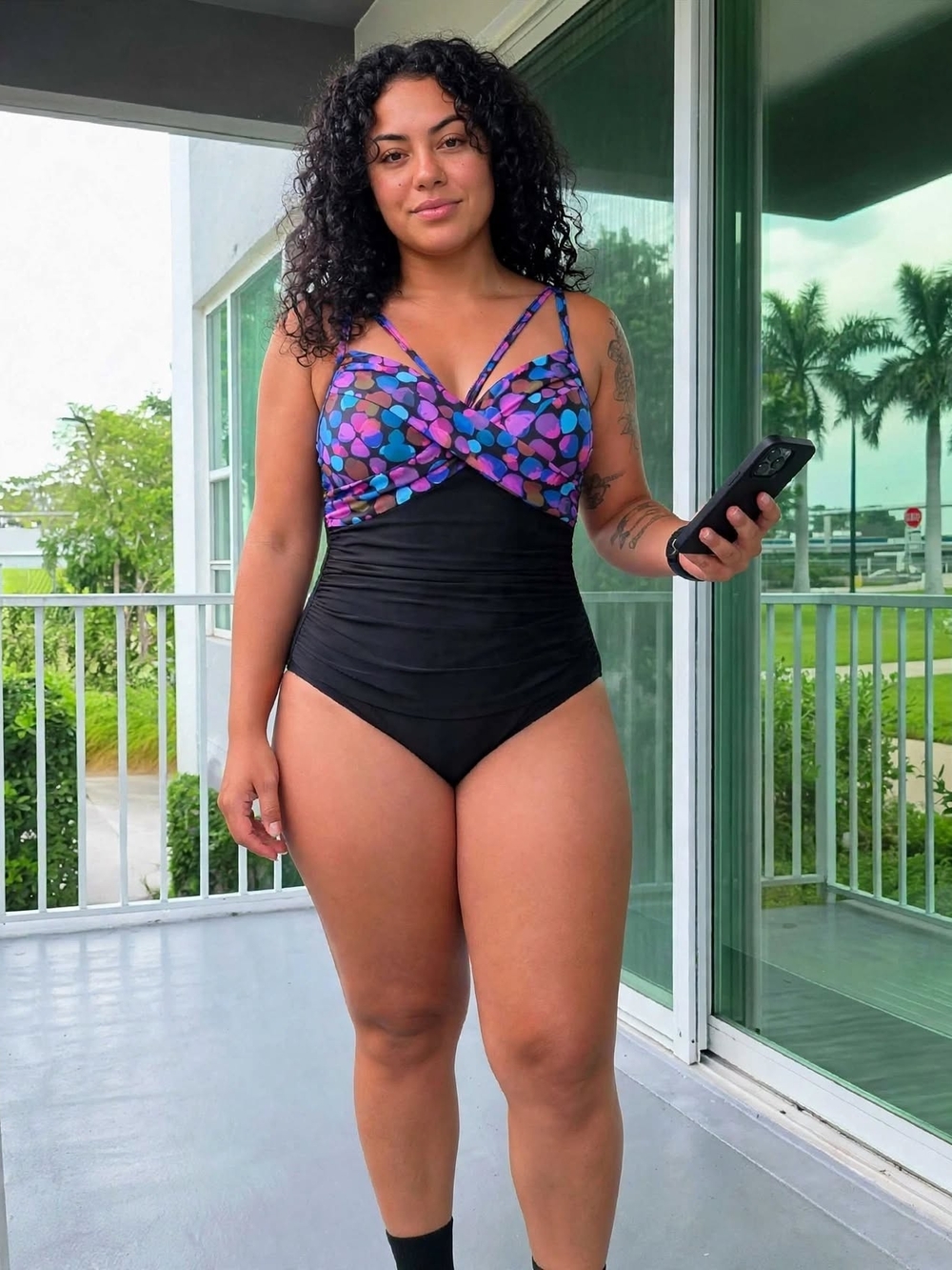 Black One-Piece Swimsuit with Blue Patterned Straps